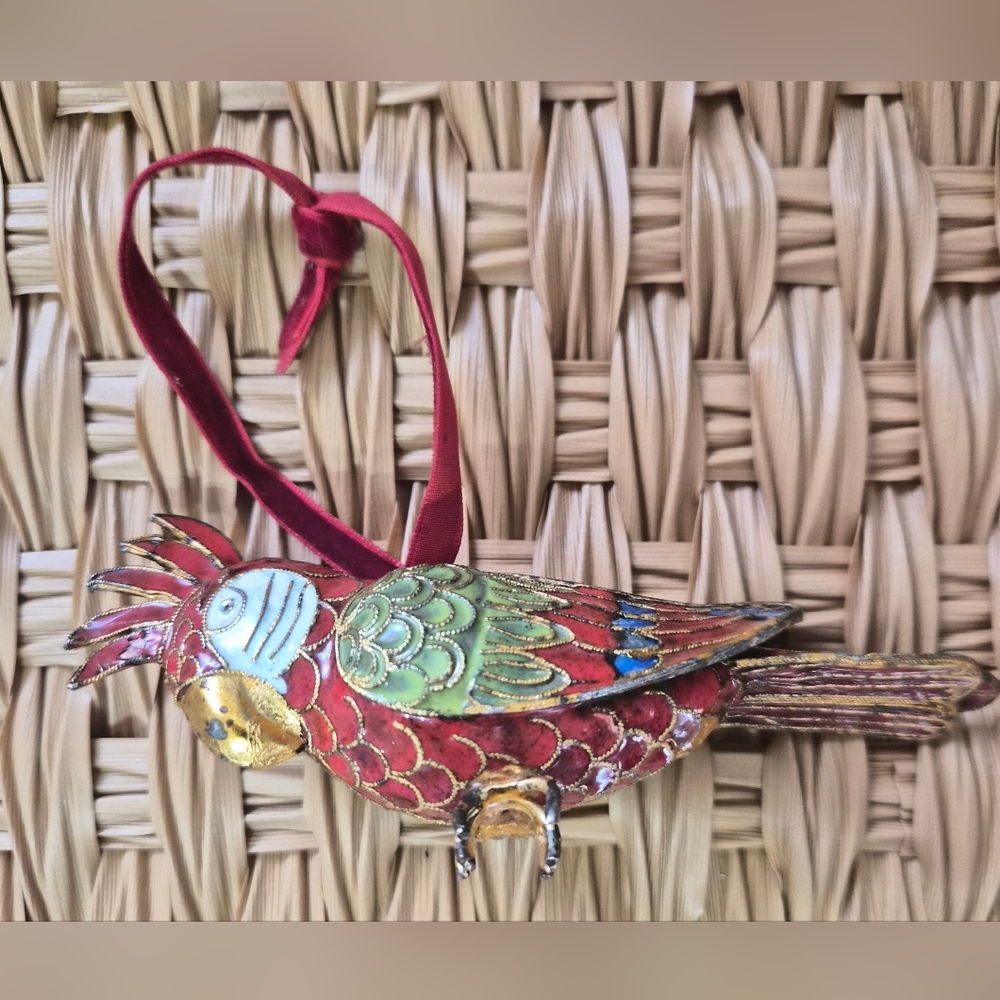 Colorful  Vintage Cloisaine Parrot Hanging Metal Sculpture